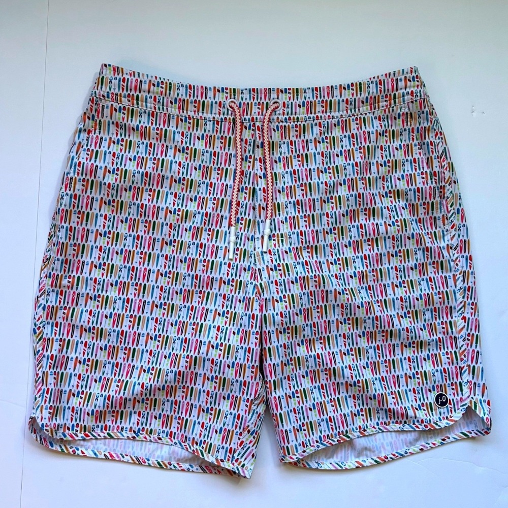 Johnnie-O Mens Surfboard Print Swim Trunks White Multi Color Board Shorts Size M